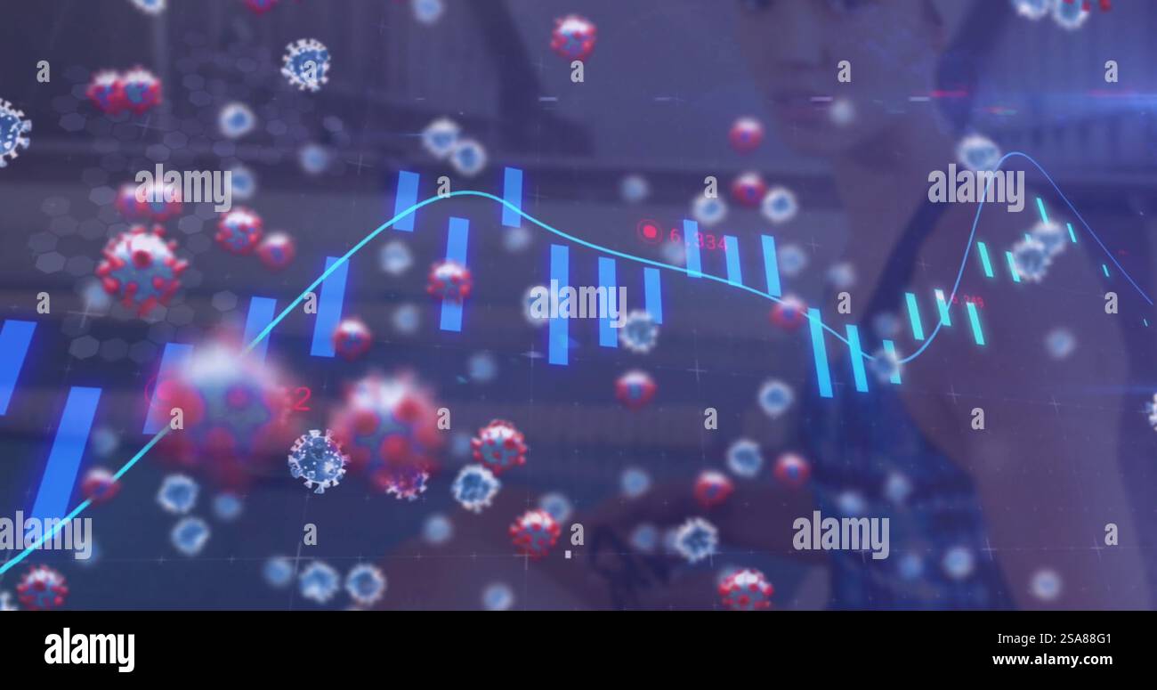 Image of red and blue virus cells and graph processing over asian woman ...