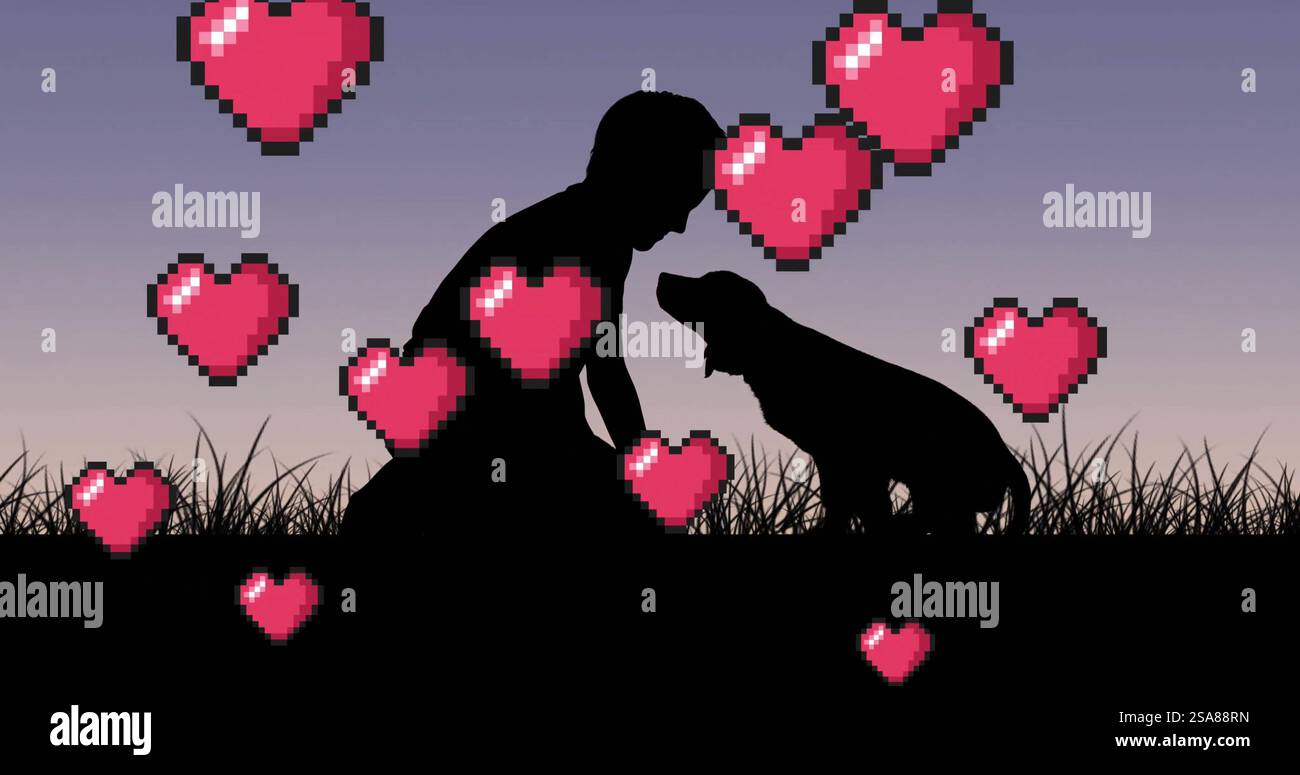 Image of heats floating over silhouette of man and dog in field Stock Photo