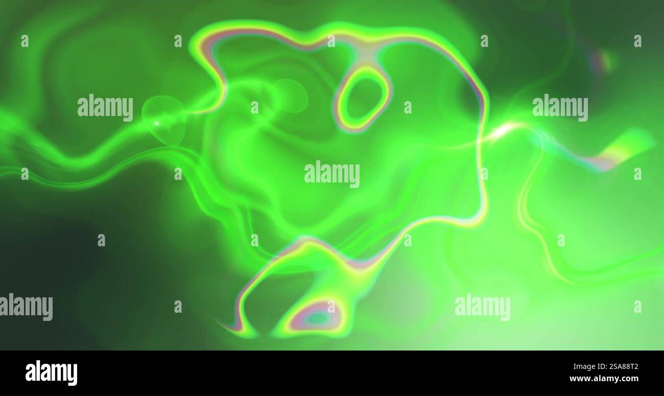 Image of glowing light trails moving over green and black background ...