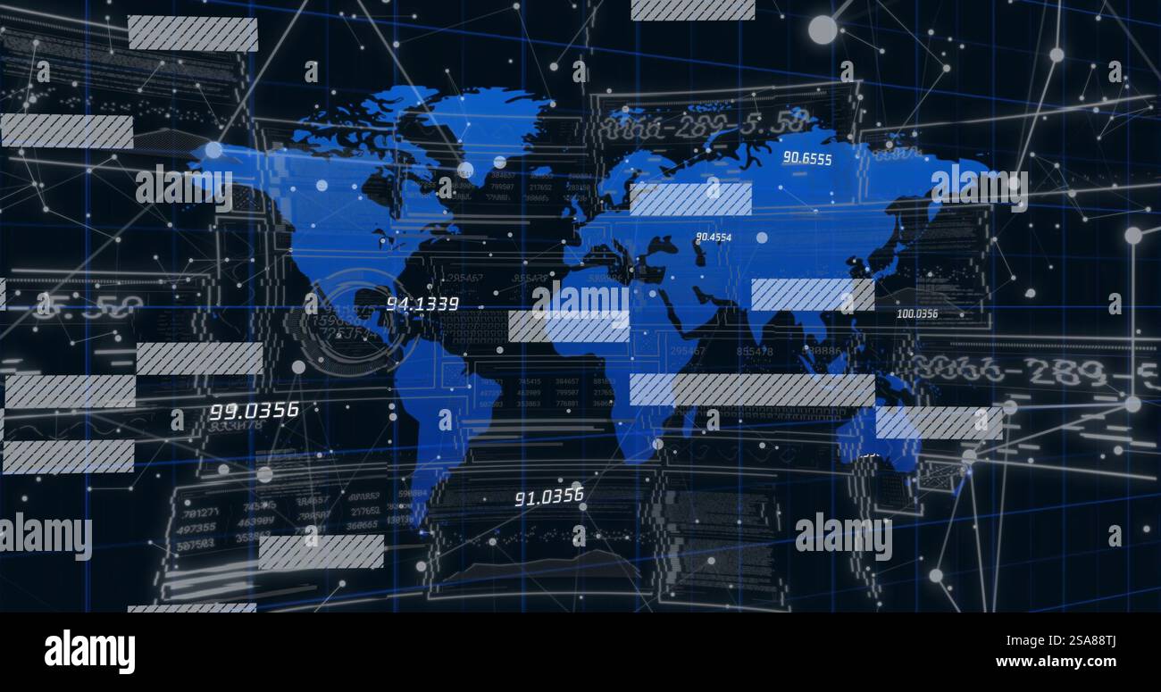 Image of diagrams and data processing over world map and interference Stock Photo
