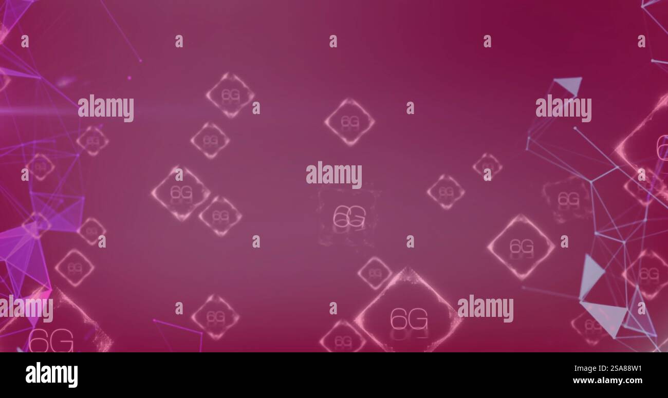 Image of 6g text and data processing over red background Stock Photo