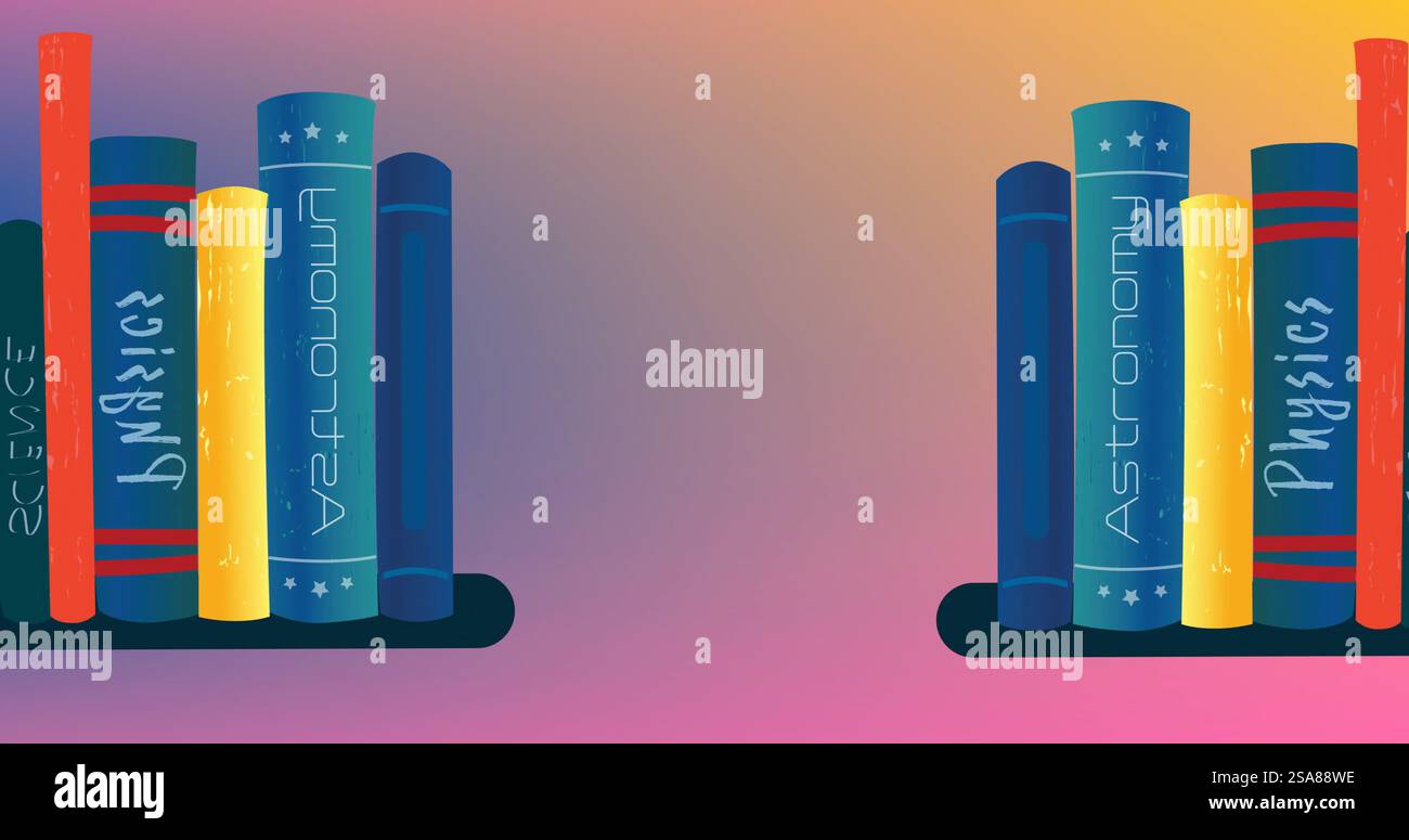 Image of science books on shelf over soft blue, pink and yellow background Stock Photo