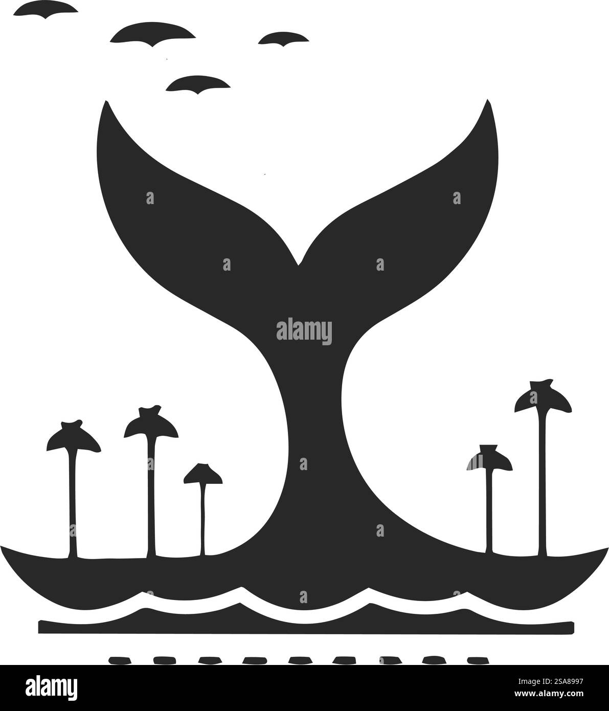 A stylized vector illustration of a whale tail emerging from the ocean ...