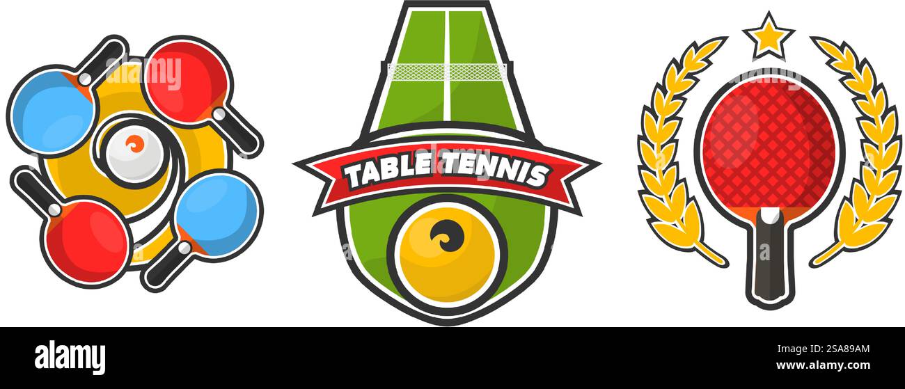 Set of table tennis icons including paddles, trophy, and badge ...