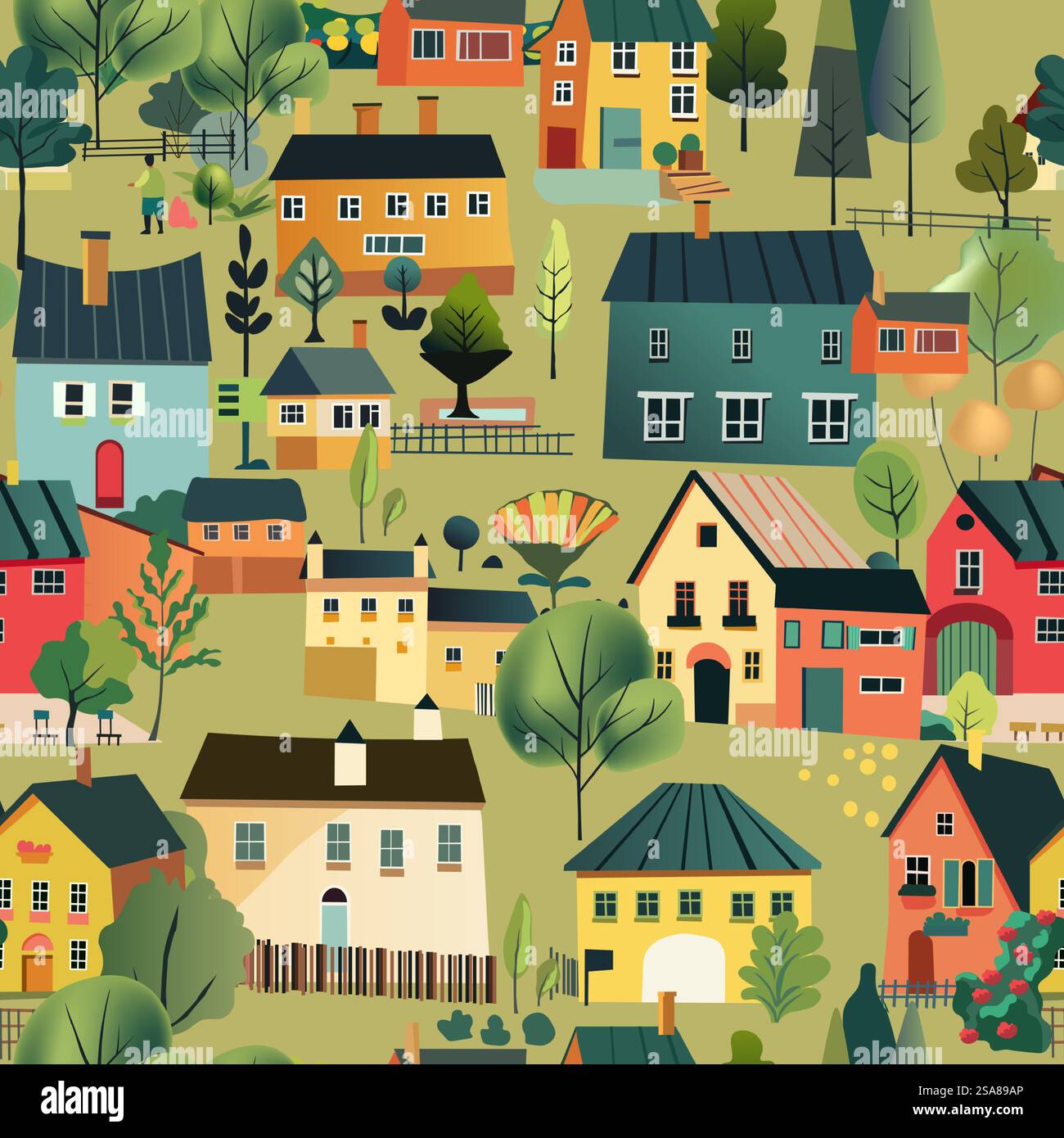 Seamless pattern featuring charming village houses and trees in a ...