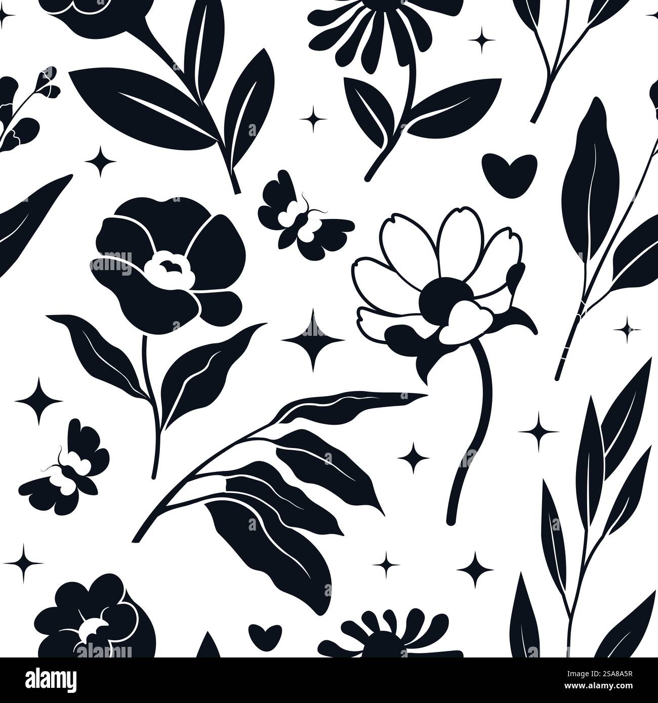 A striking floral pattern with bold black flowers and leaves on a white ...