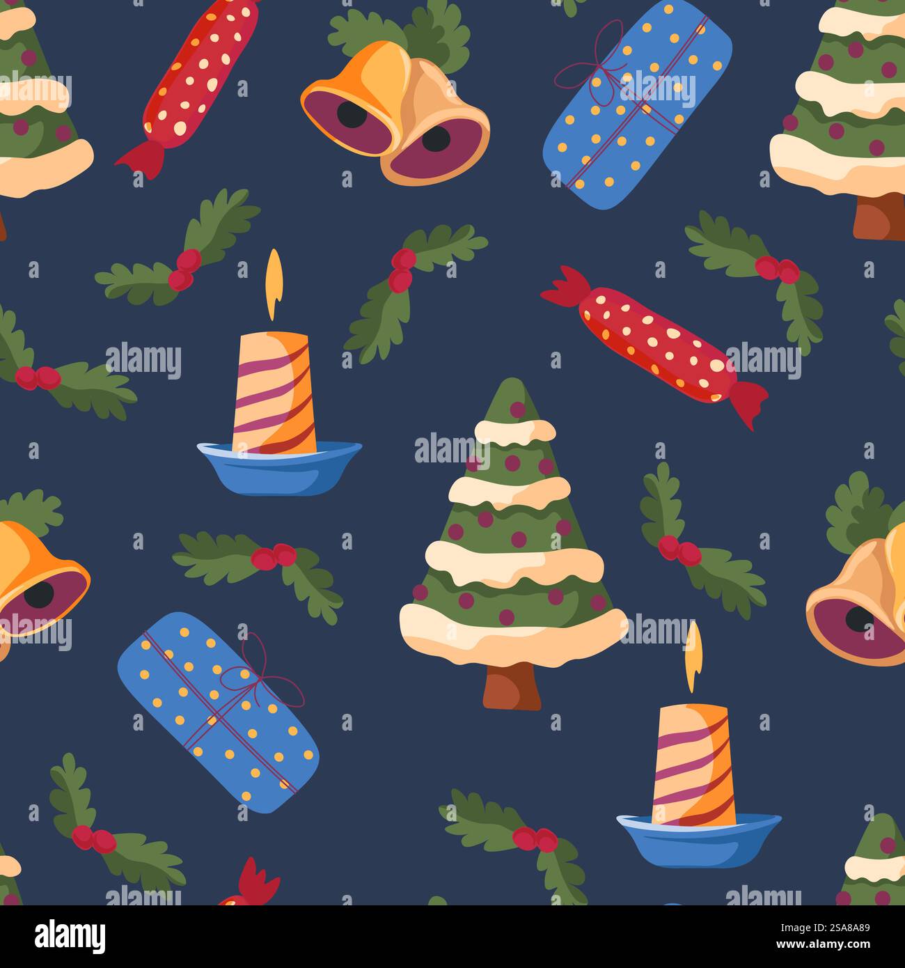 Dark background seamless pattern with Christmas trees, bells, and ...