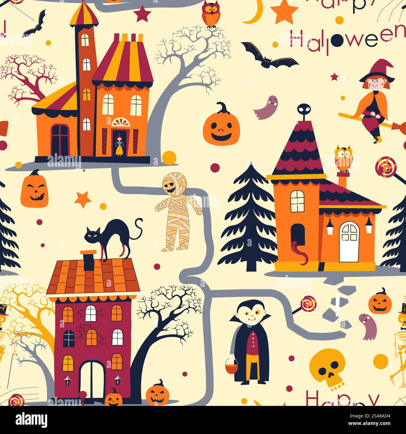 Seamless pattern featuring Halloween houses, characters, and pumpkins in a playful vector illustration style. Perfect for festive decor and textile design.. Halloween Houses and Characters Pattern Stock Vector