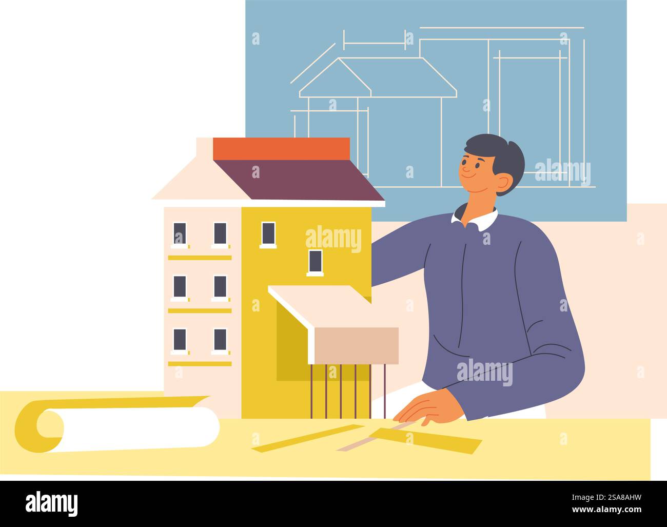 Vector illustration of an architect working on a house model in a flat ...