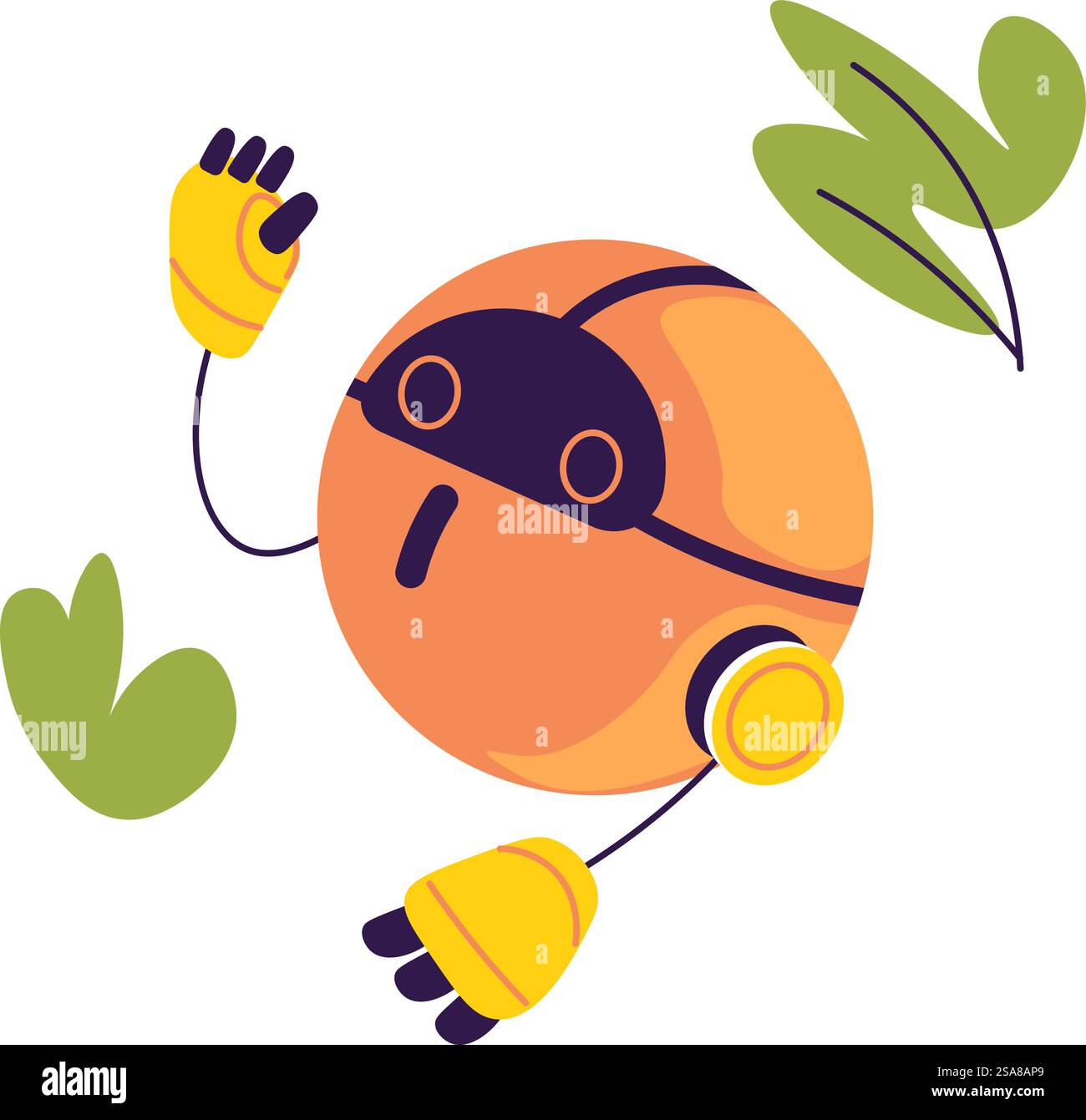 Round robot waving with a friendly expression, designed in a flat ...