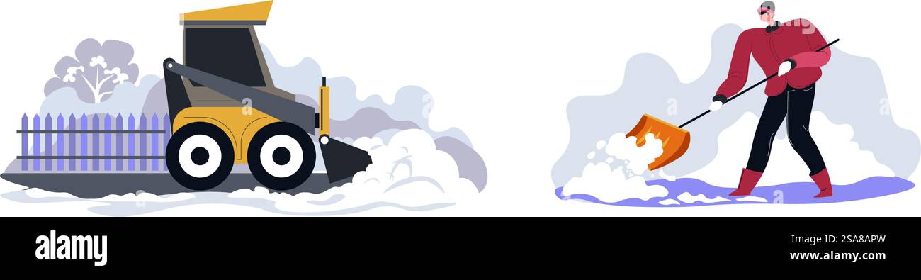 Vector illustration of machines and people removing snow outdoors. Flat ...