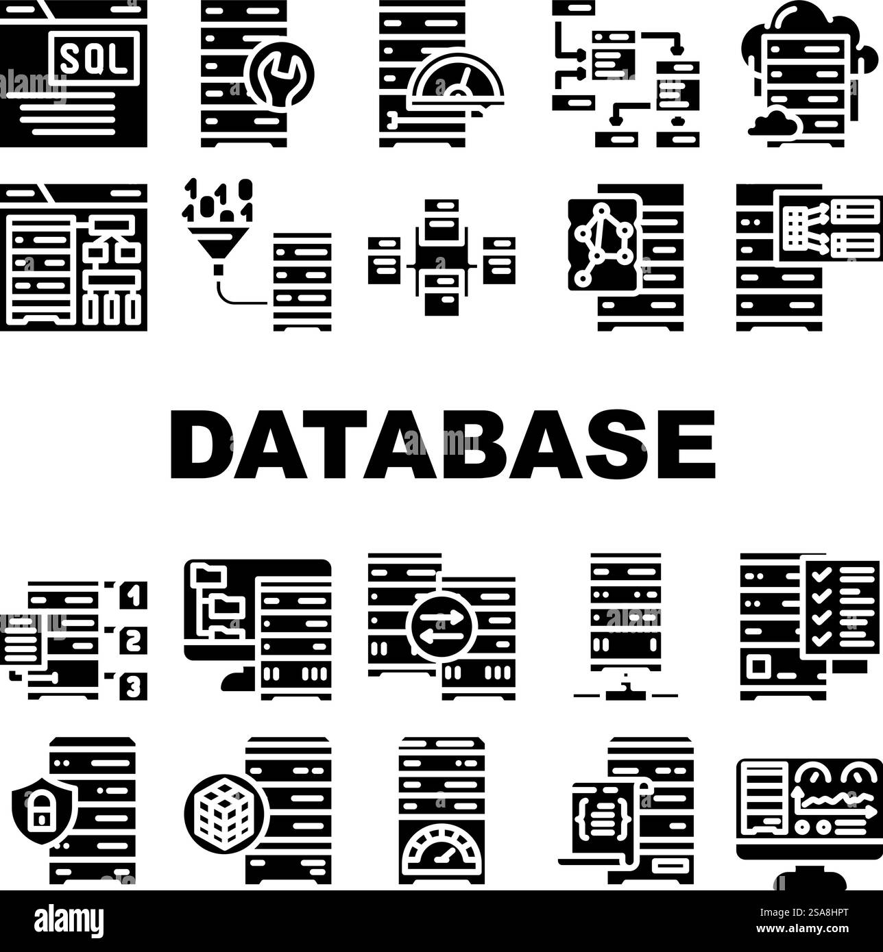 database administrator computer, icons set vector. system technology, laptop internet, data cloud, server business, network, service database administrator computer, glyph pictogram Illustrations. database administrator computer, icons set vector Stock Vector