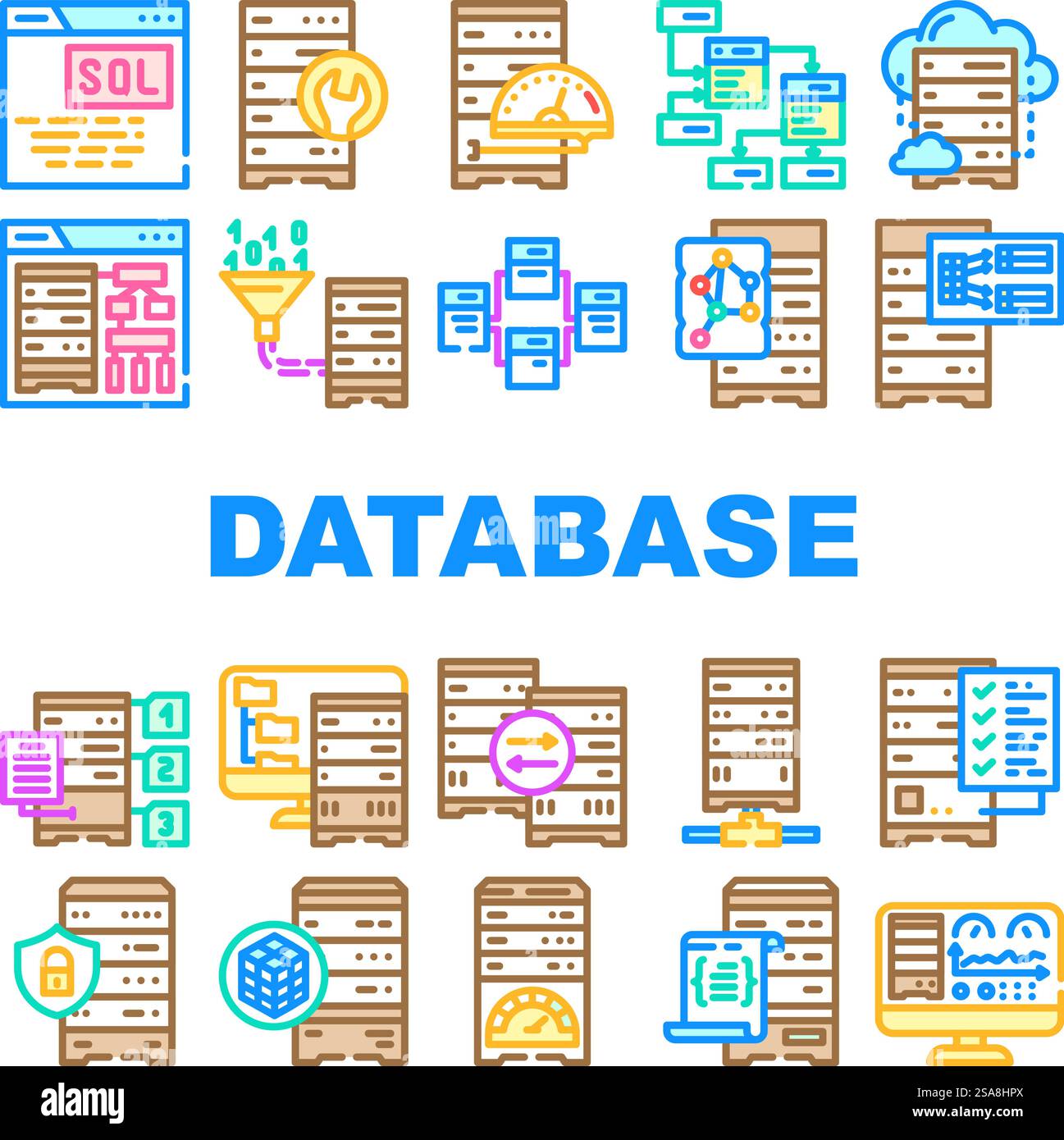 database administrator computer, icons set vector. system technology, laptop internet, data cloud, server business, network, service database administrator computer, color line illustrations. database administrator computer, icons set vector Stock Vector