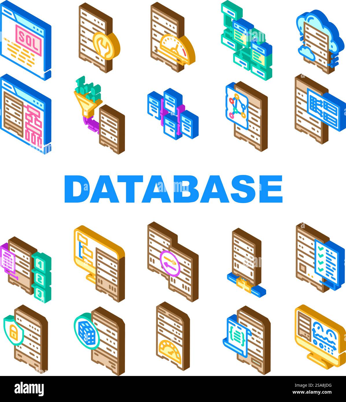 database administrator computer, icons set vector. system technology, laptop internet, data cloud, server business, network, service database administrator computer, isometric sign illustrations. database administrator computer, icons set vector Stock Vector