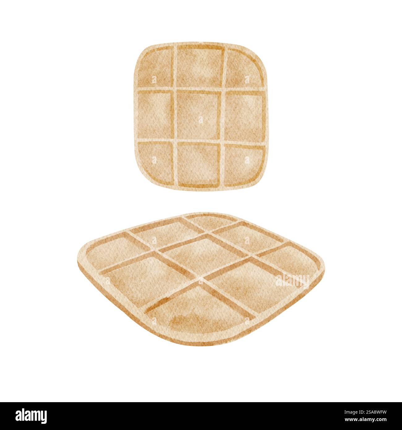 Watercolor illustration of Belgian waffles top view and volumetric ...