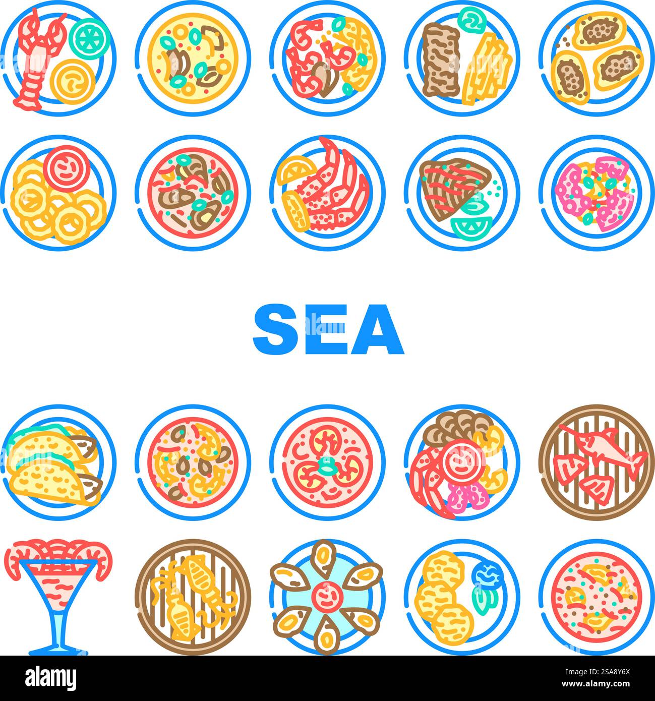 sea cuisine fish cook icons set vector. squid bbq, greek dish ...