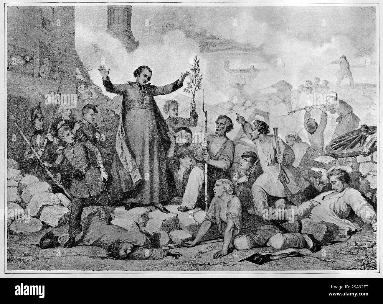 France. Paris. June Days, 1848. Bishop Afree on the barricade to the Faubourg Saint-Antoine, bearing a green branch as sing of peace, 25 june Stock Photo