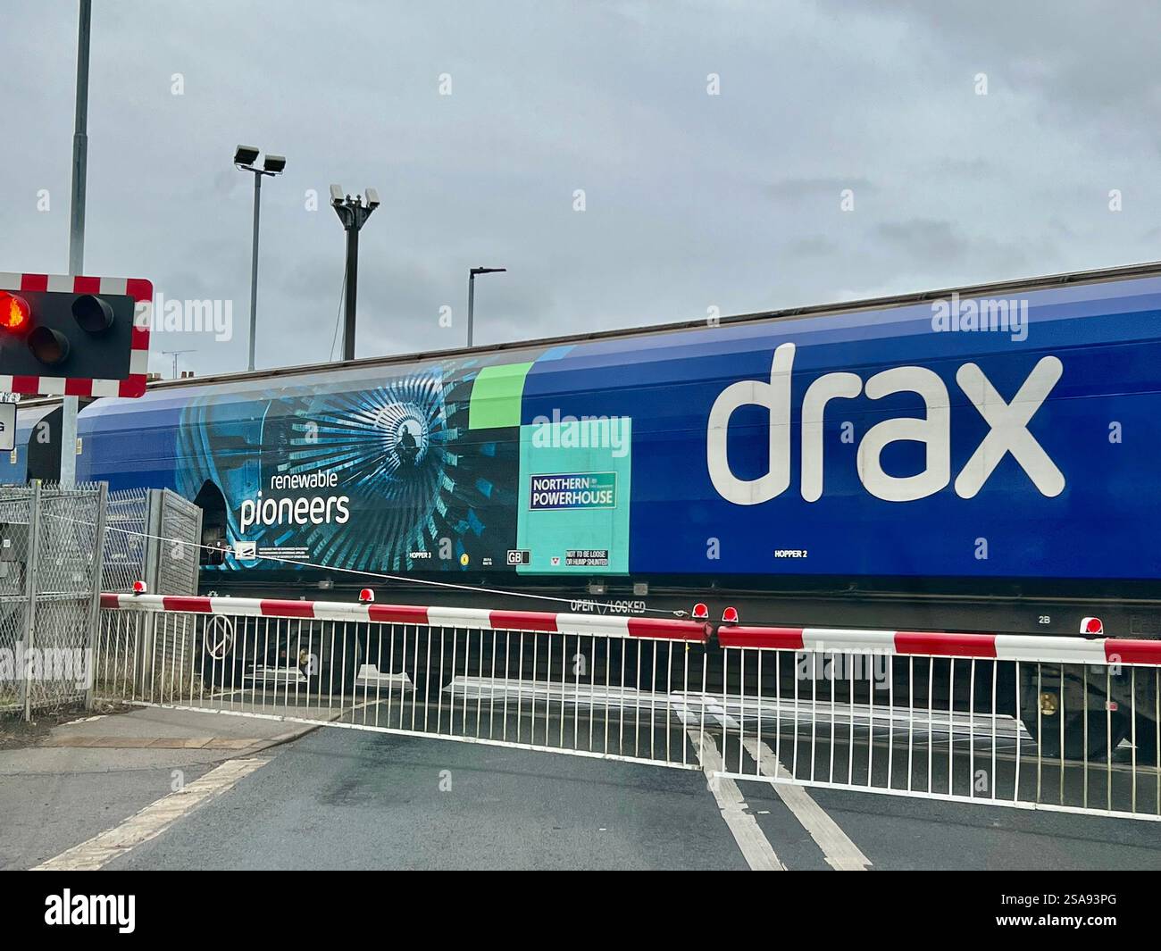 Uk Railway Network, Transportation of Bio Fuel by rail to Drax Power station, passing Knottingley in West Yorkshire, northern England. - Smartphone Captured Stock Image