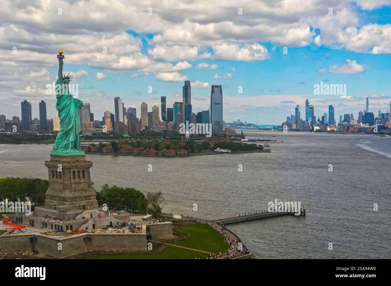 Panoramic aerial view Statue of Liberty in New York City, NY, USA. The ...