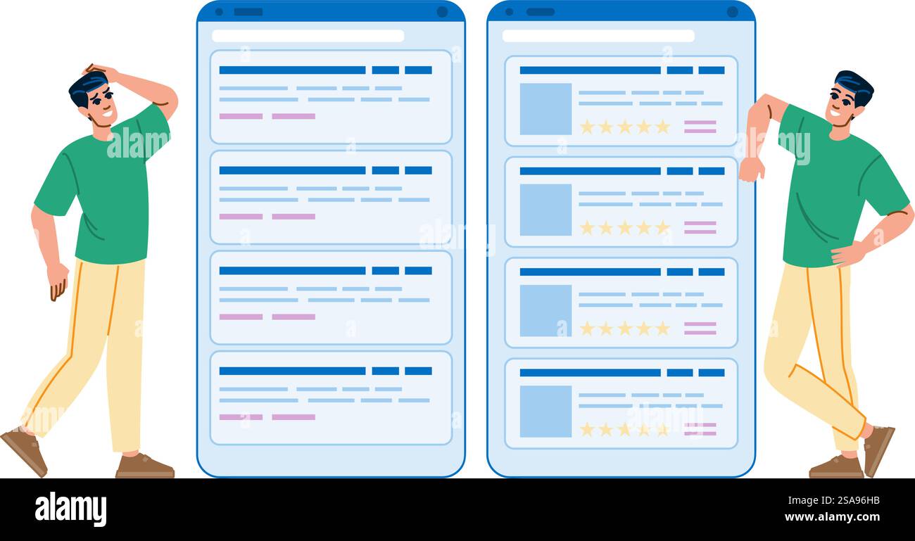 snippets structured data markup vector. micro seo, meta ld, semantic search snippets structured data markup character. people flat cartoon illustration. snippets structured data markup vector Stock Vector