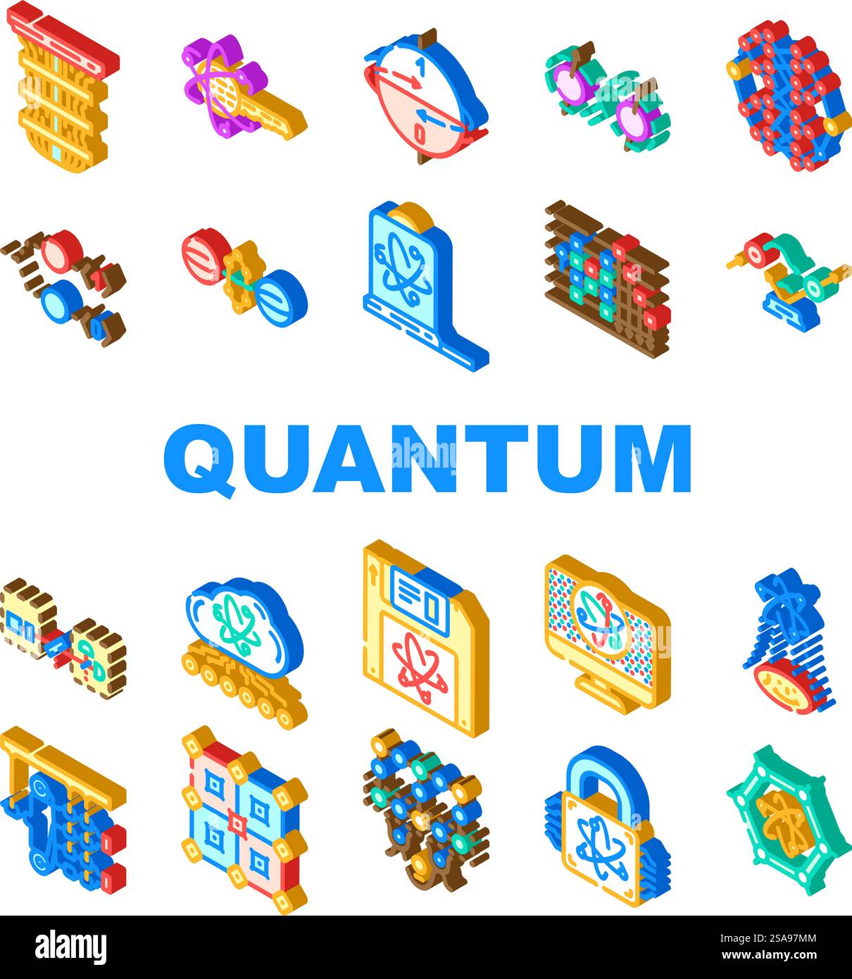 quantum technology data network icons set vector. internet digital, big science, server computer, energy communication quantum technology data network isometric sign illustrations. quantum technology data network icons set vector Stock Vector