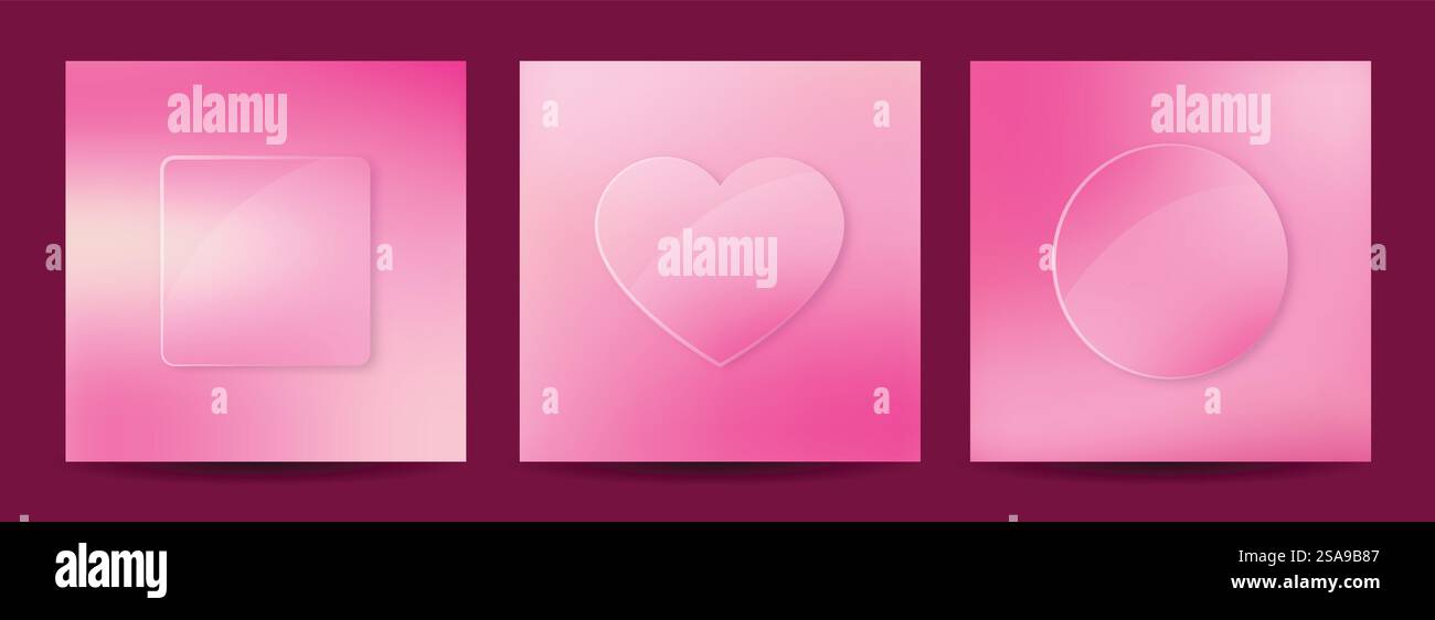 Pink Glass Morphism Shapes - Square, Heart, Circle - Vector Background Set Stock Vector