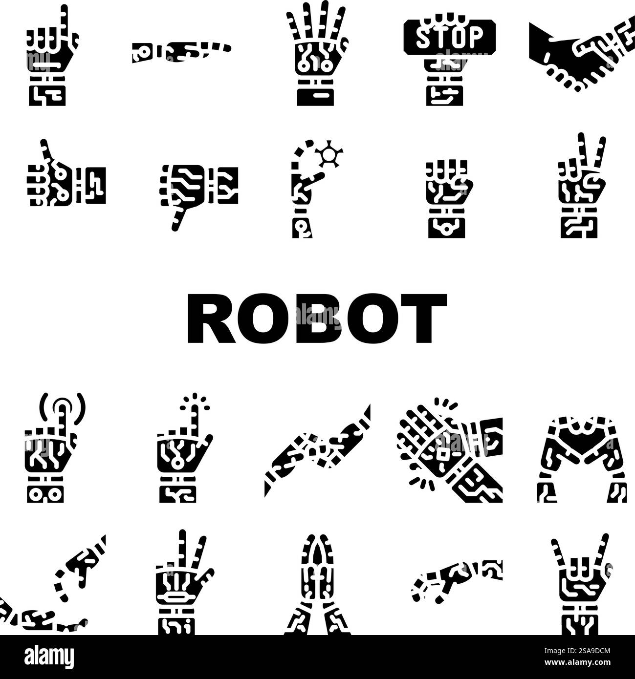 hand robot technology icons set vector. artificial cyborg, future arm, human finger, futuristic touch, machine cyber ai tech hand robot technology glyph pictogram Illustrations. hand robot technology icons set vector Stock Vector