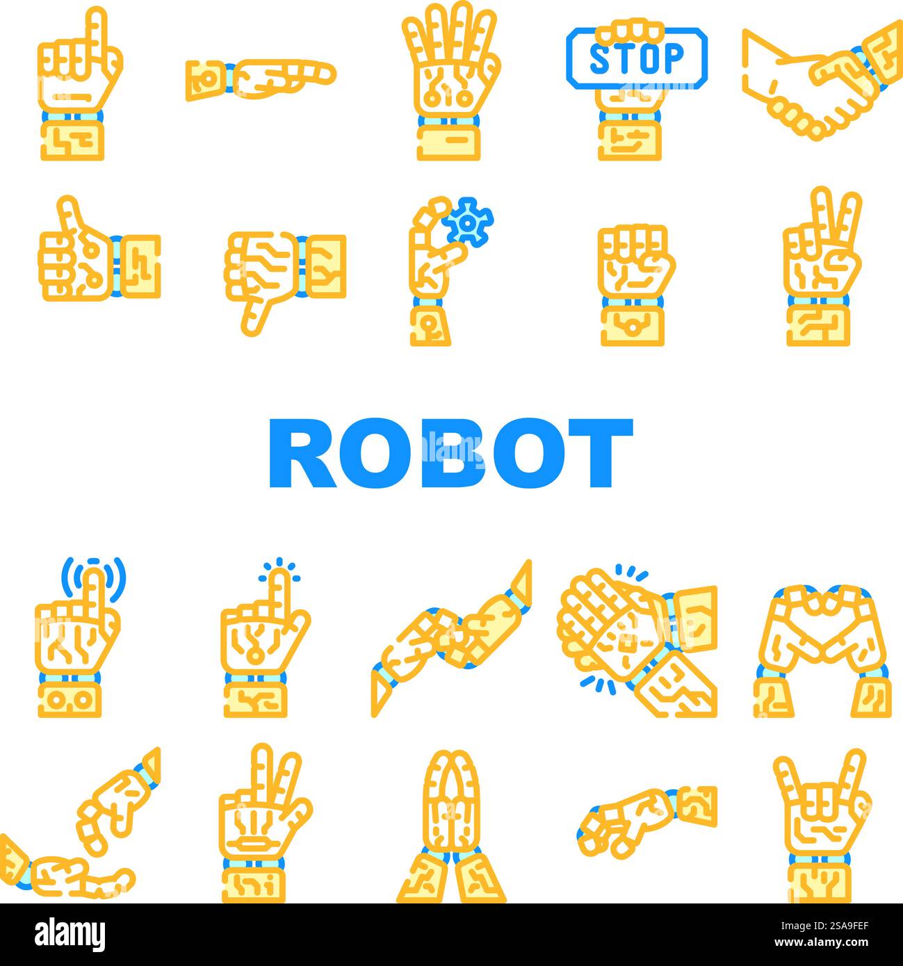 hand robot technology icons set vector. artificial cyborg, future arm, human finger, futuristic touch, machine cyber ai tech hand robot technology color line illustrations. hand robot technology icons set vector Stock Vector