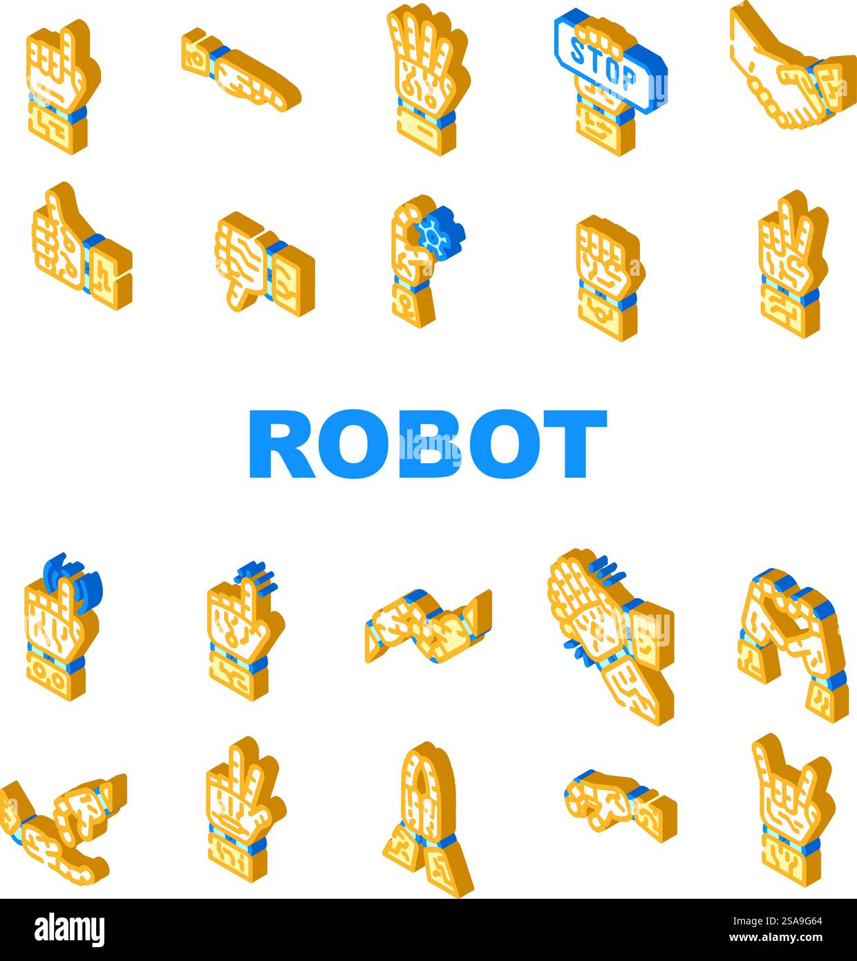 hand robot technology icons set vector. artificial cyborg, future arm, human finger, futuristic touch, machine cyber ai tech hand robot technology isometric sign illustrations. hand robot technology icons set vector Stock Vector