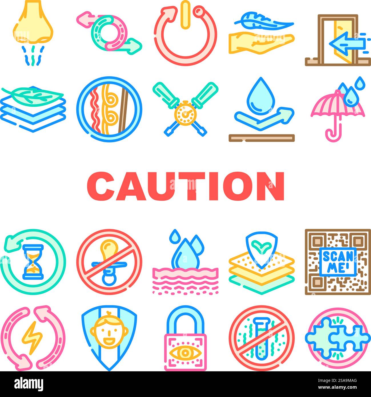 product caution label warning icons set vector. odor control, reversible, automatic shut down, lightweight, indoor use only product caution label warning color line illustrations. product caution label warning icons set vector Stock Vector