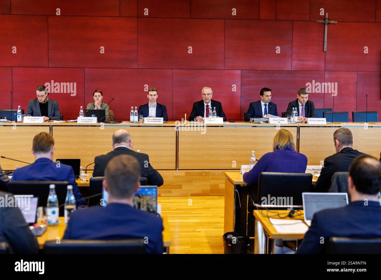 Munich, Germany. 29th Jan, 2025. Joachim Herrmann (CSU, M), Minister of the Interior of Bavaria, speaks in the Committee for Municipal Affairs, Internal Security and Sport in the Bavarian State Parliament in Munich (Bavaria) on January 29, 2025. Sitting next to him is Florian Siekmann (Alliance 90/The Greens), deputy chairman of the committee. At the committee meeting of the Committee on Internal Affairs, the Minister of State for the Interior, Sport and Integration, Herrmann, presents his report on the act of violence in Aschaffenburg. Credit: Matthias Balk/dpa/Alamy Live News Stock Photo