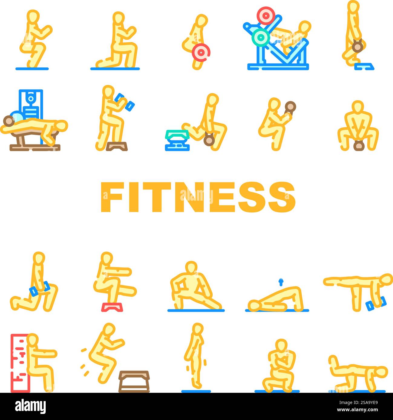 fitness exercises arm workout icons set vector. body sport, training ...