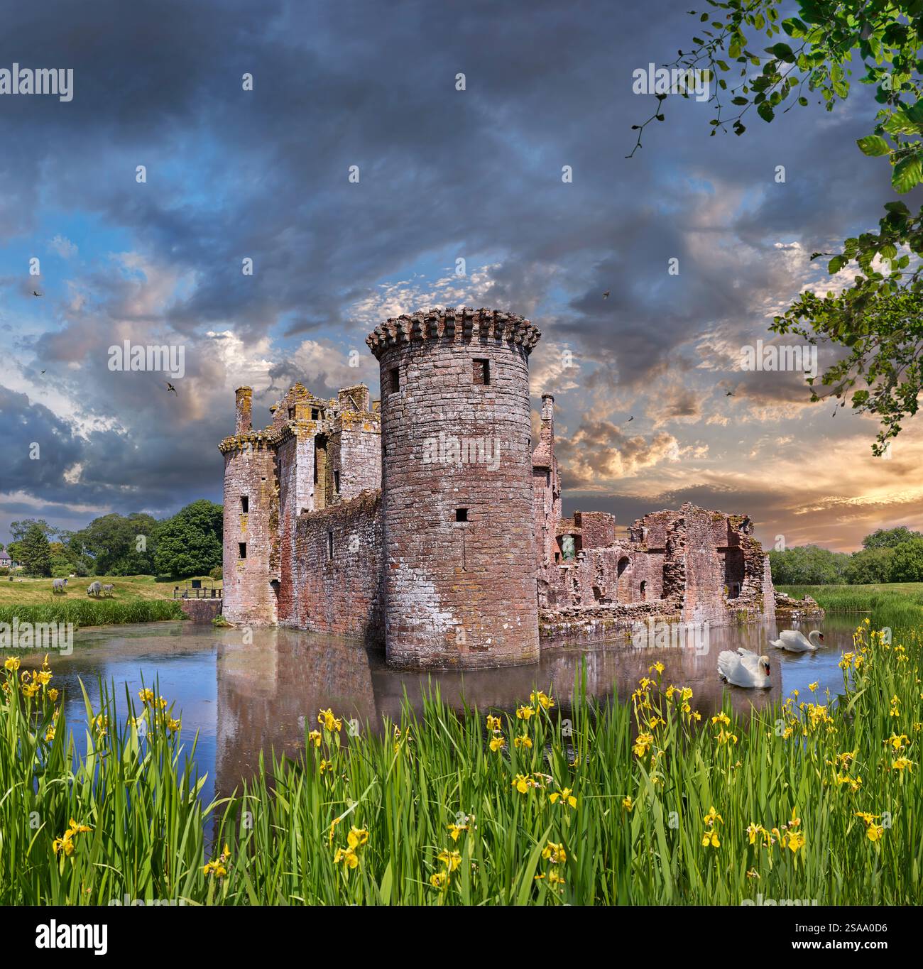 The enigmatic Caerlaverock Castle ruins, Dumfries, Scotland. Caerlaverock Castle is a moated triangular castle first built in the 13th century. Stock Photo