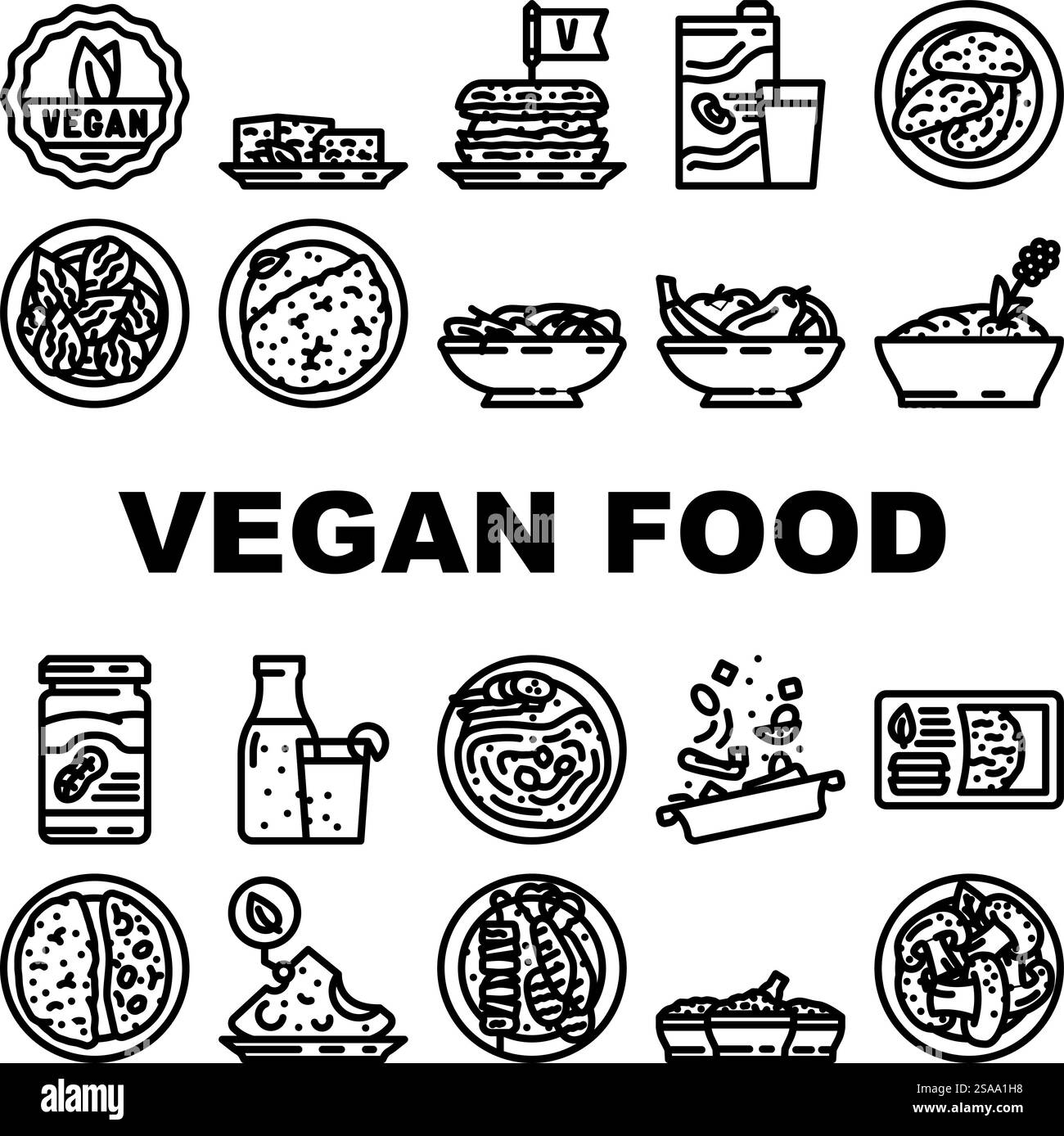 vegan food diet organic icons set vector. vegan plant based, cruelty free, organic, sustainable, tofu tempeh, seitan, legumes vegan food diet organic black contour illustrations. vegan food diet organic icons set vector Stock Vector
