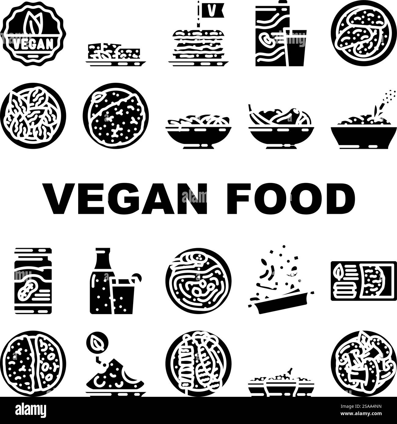 vegan food diet organic icons set vector. vegan plant based, cruelty free, organic, sustainable, tofu tempeh, seitan, legumes vegan food diet organic glyph pictogram Illustrations. vegan food diet organic icons set vector Stock Vector