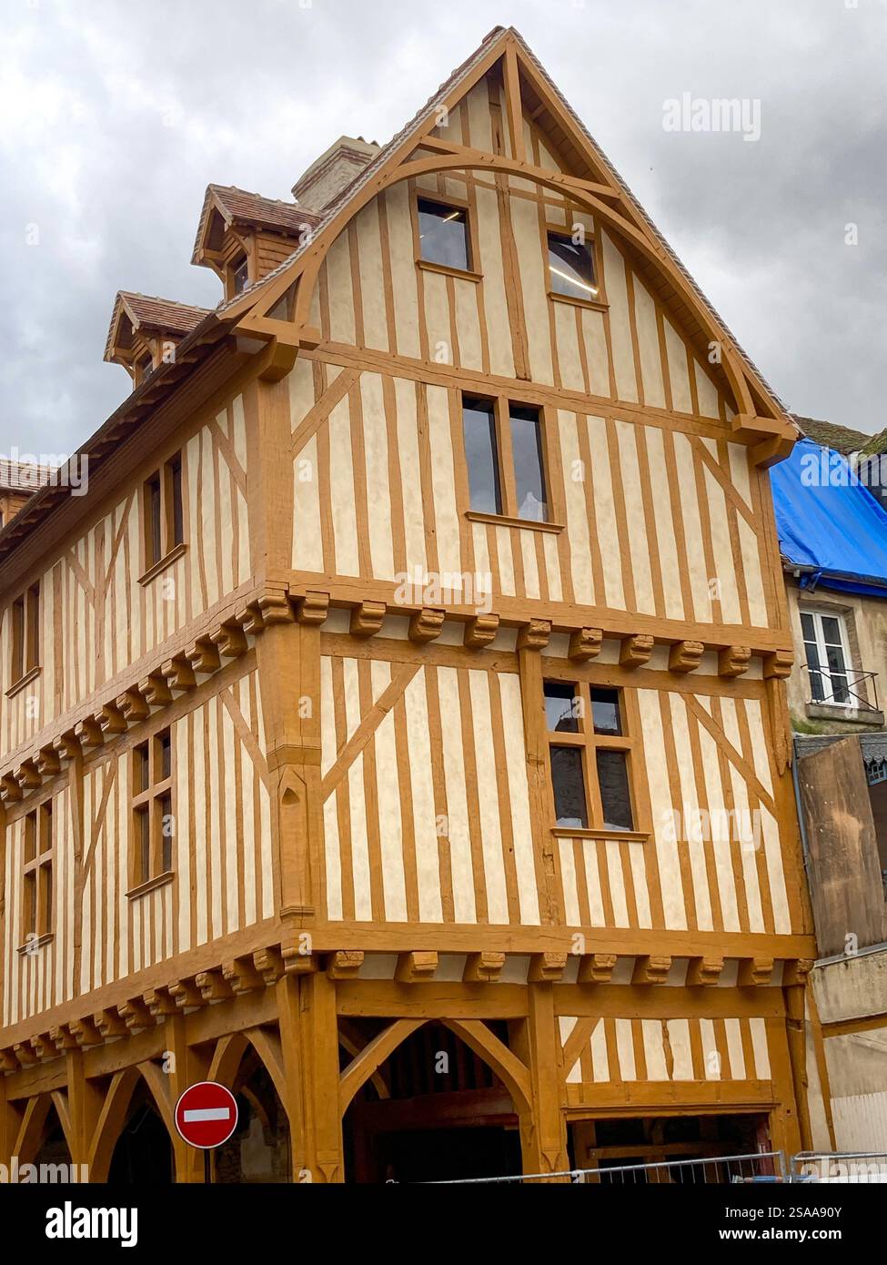 Close-up of a Half-Timbered house in the Rue de Sarthe, Alençon, Normandy, France - Smartphone Captured Stock Image