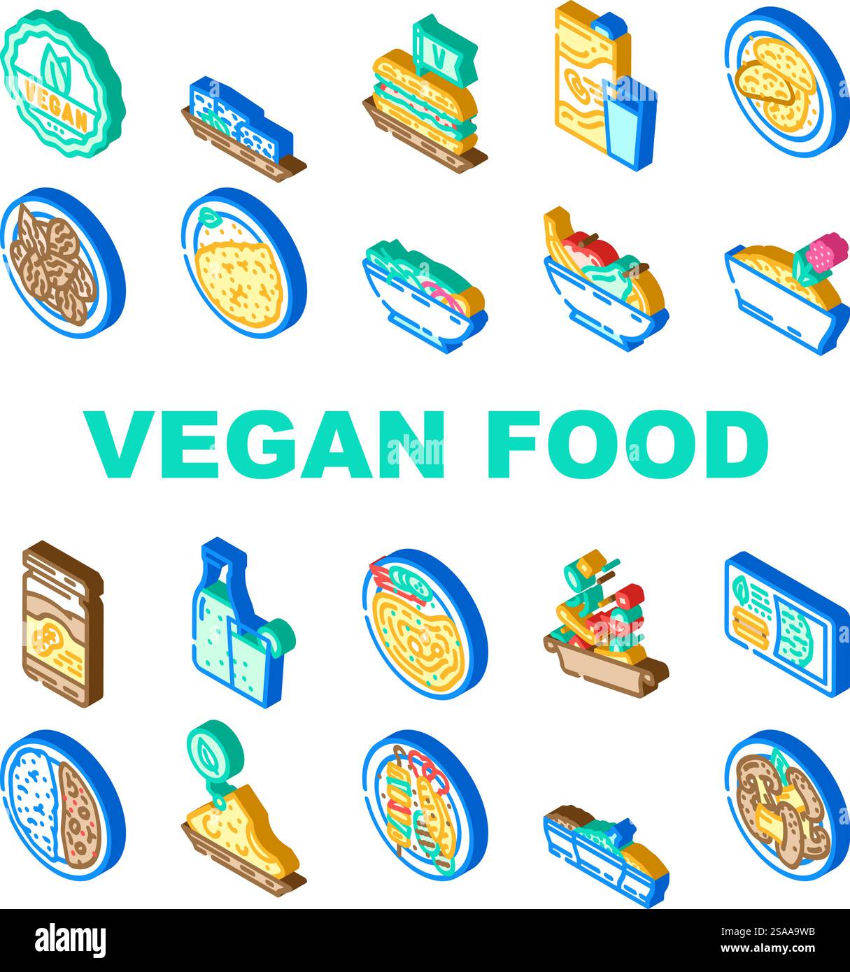 vegan food diet organic icons set vector. vegan plant based, cruelty free, organic, sustainable, tofu tempeh, seitan, legumes vegan food diet organic isometric sign illustrations. vegan food diet organic icons set vector Stock Vector