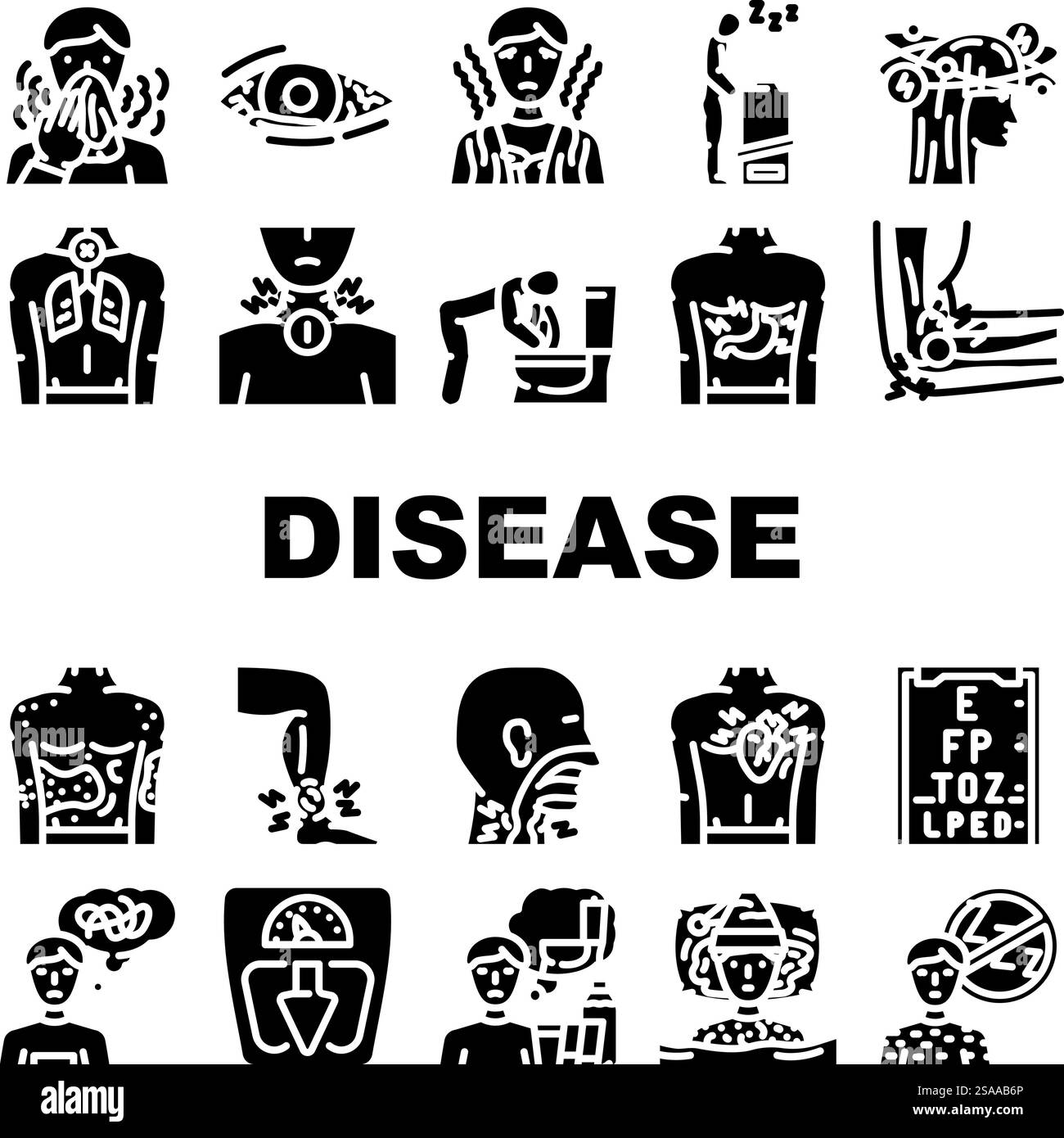 disease symptom fever cough icons set vector. fatigue headache, nausea ...