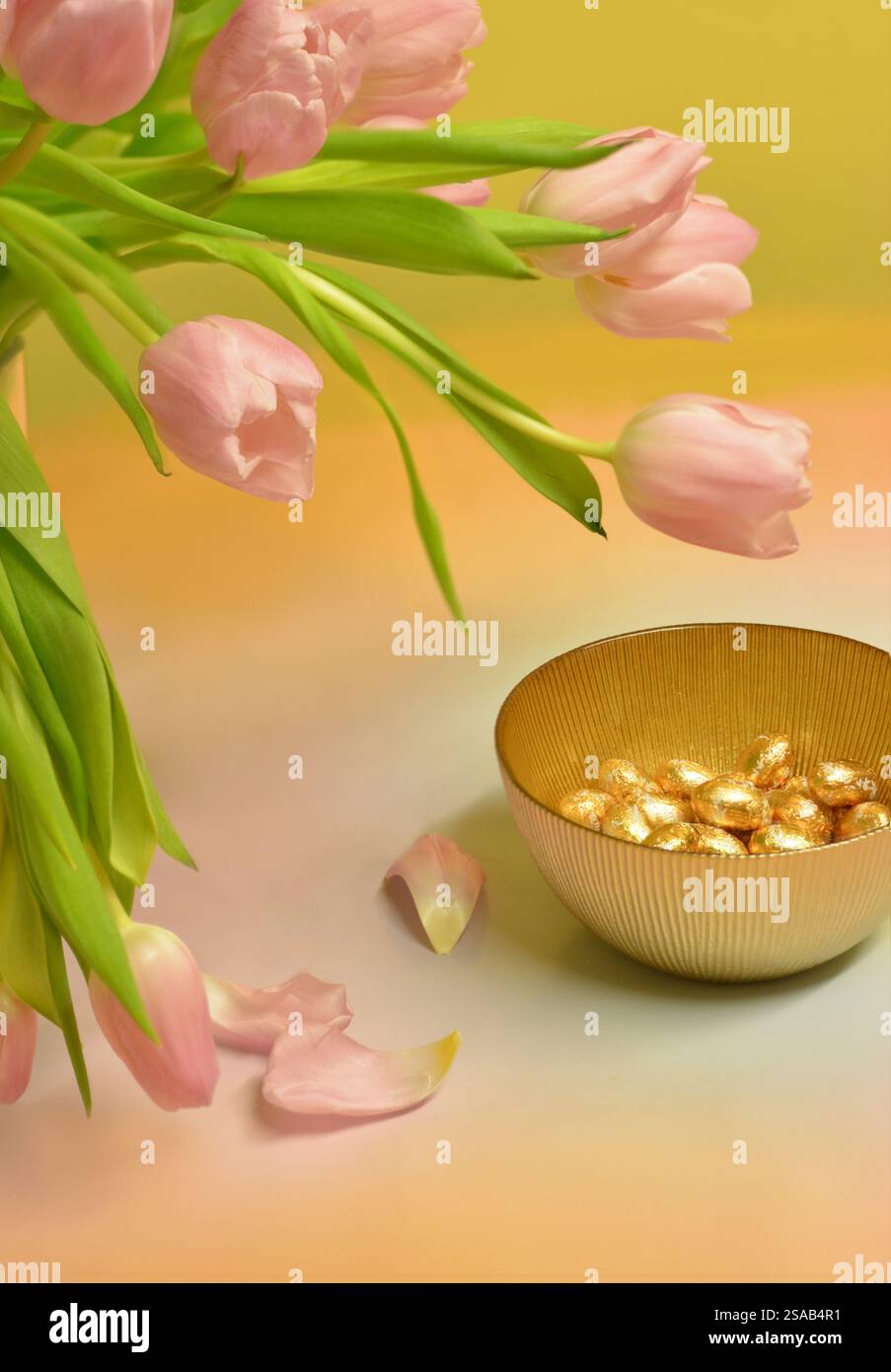 Easter eggs and pink tulips on a coloured background Stock Photo