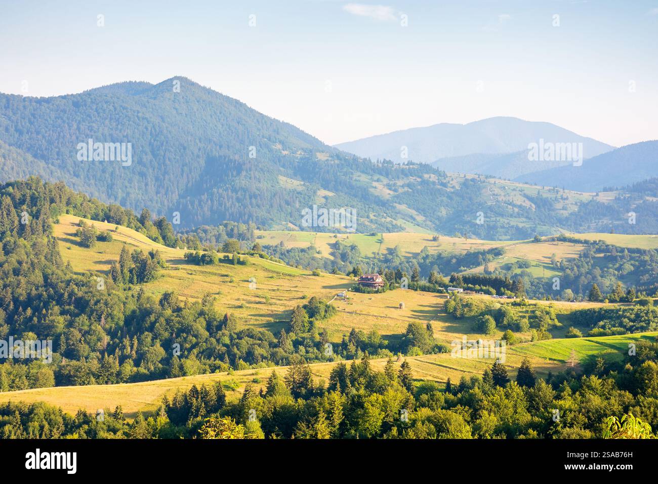 rural area of transcarpathia in summer. natural green environment. countryside scenery with rolling hills in morning light. carpathian mountain landsc Stock Photo
