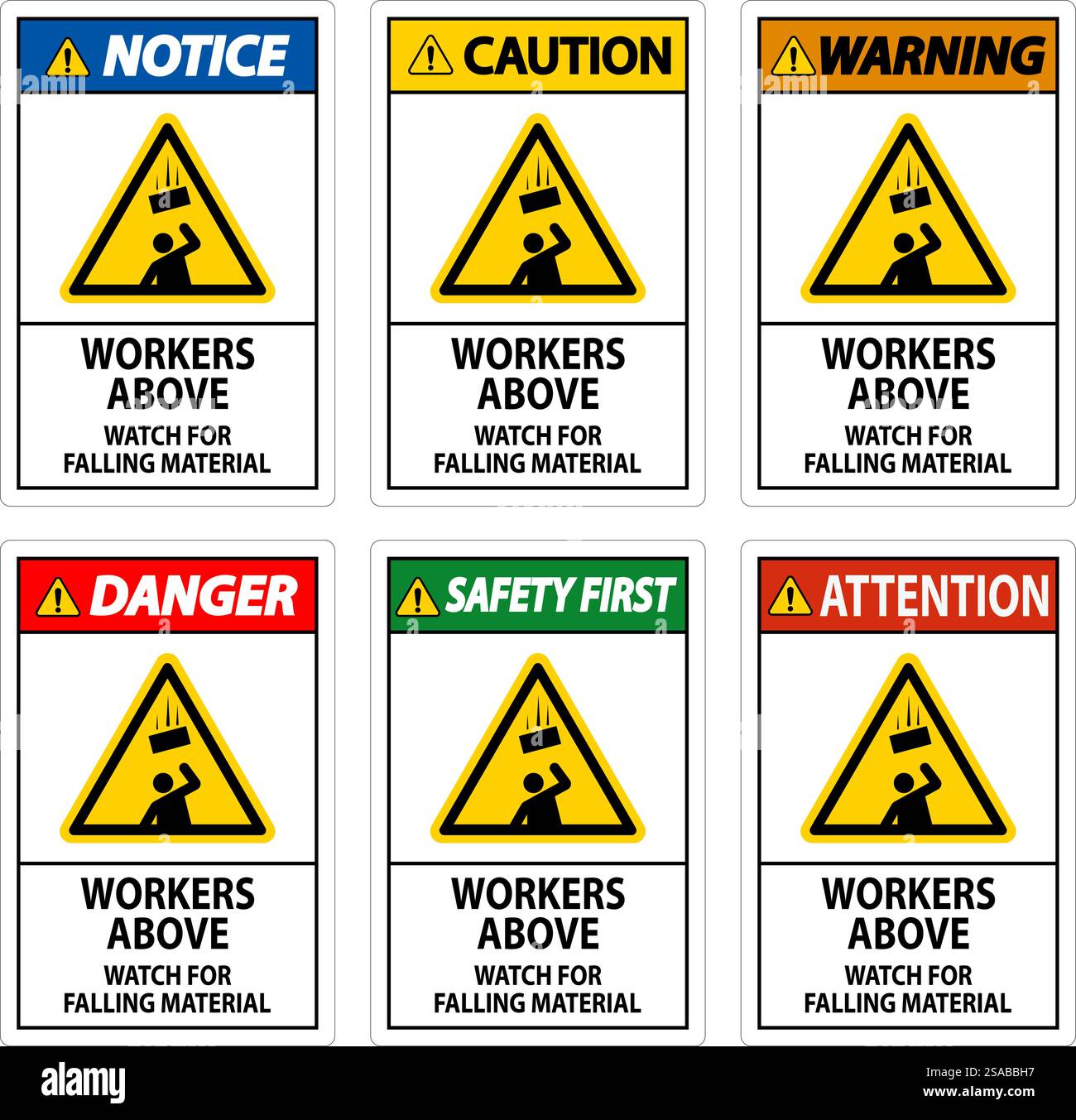 Danger Sign, Workers Above Watch For Falling Material Stock Vector