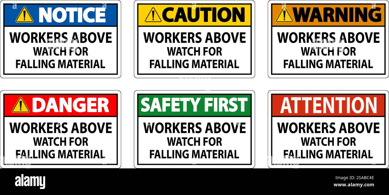 Danger Sign, Workers Above Watch For Falling Material Stock Vector