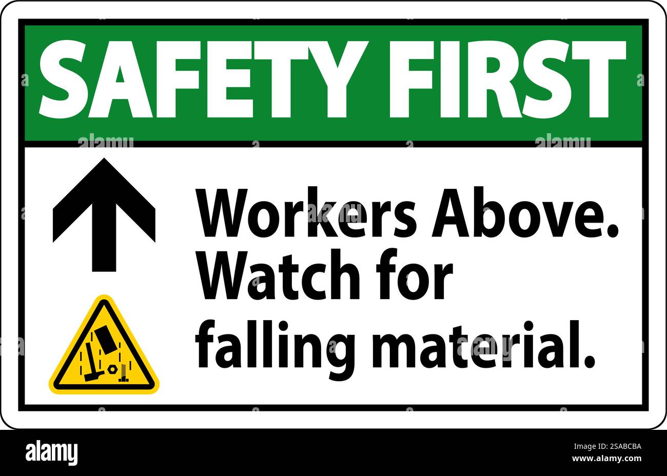 Safety First Sign, Workers Above Falling Material Stock Vector
