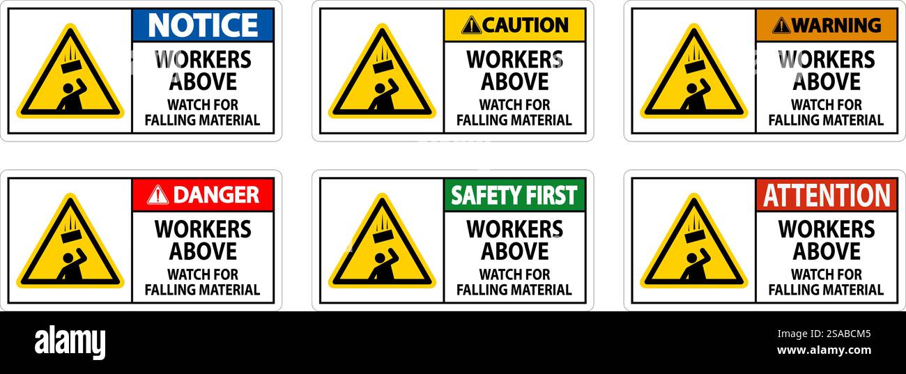 Danger Sign, Workers Above Watch For Falling Material Stock Vector