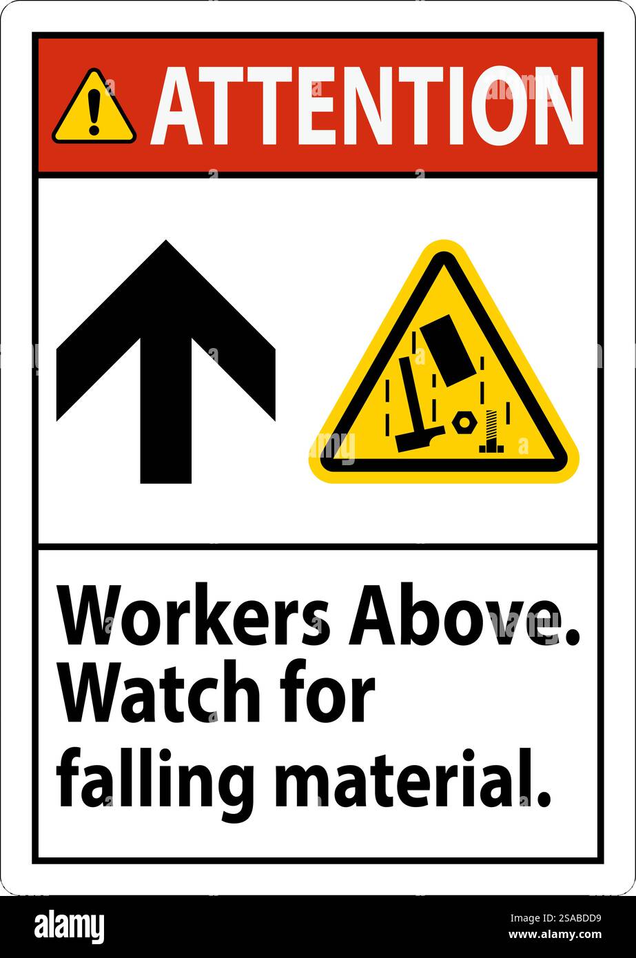 Attention Sign, Workers Above Falling Material Stock Vector