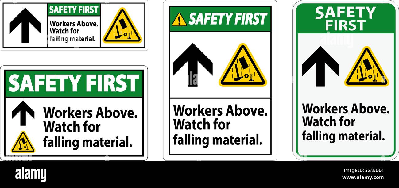 Safety First Sign, Workers Above Falling Material Stock Vector