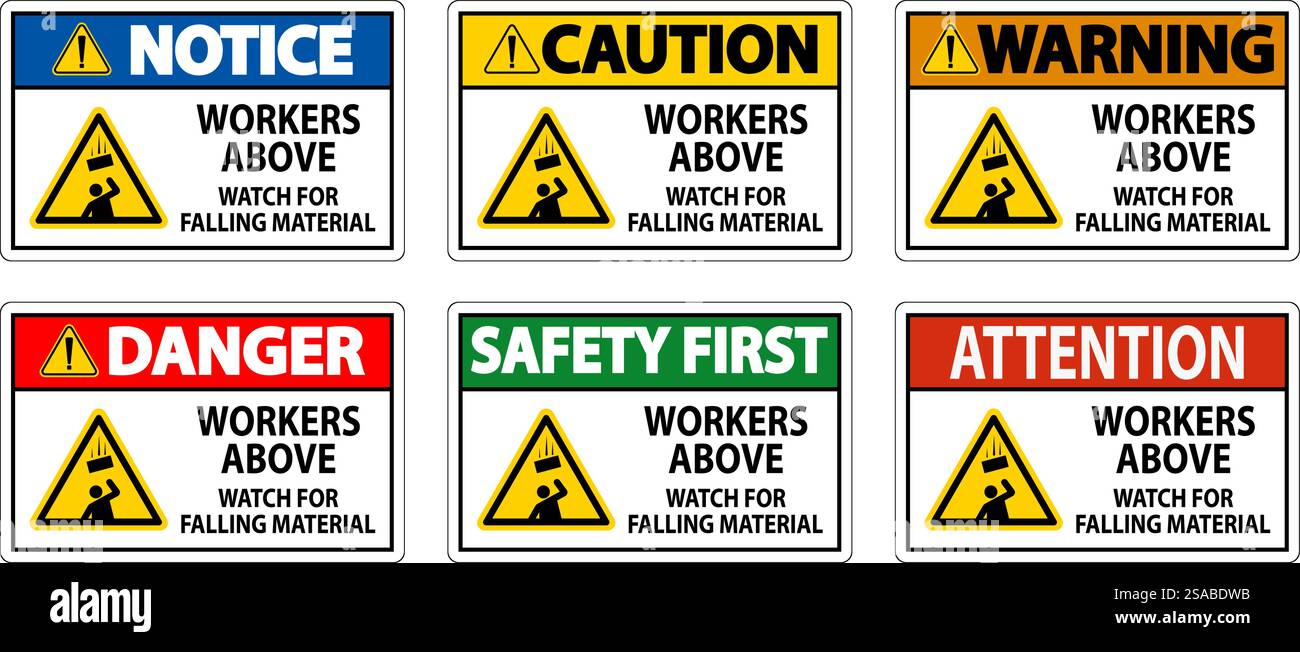 Danger Sign, Workers Above Watch For Falling Material Stock Vector