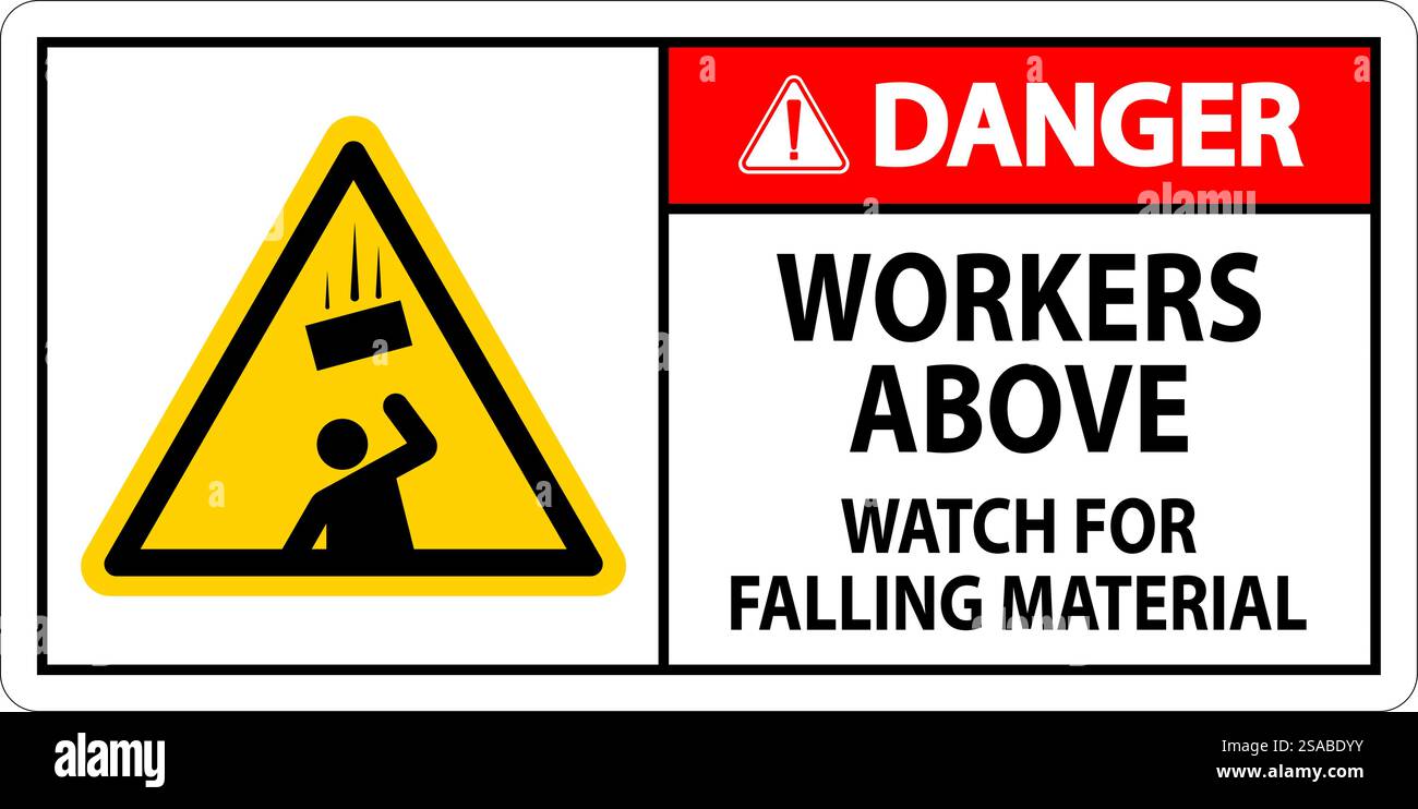 Danger Sign, Workers Above Watch For Falling Material Stock Vector