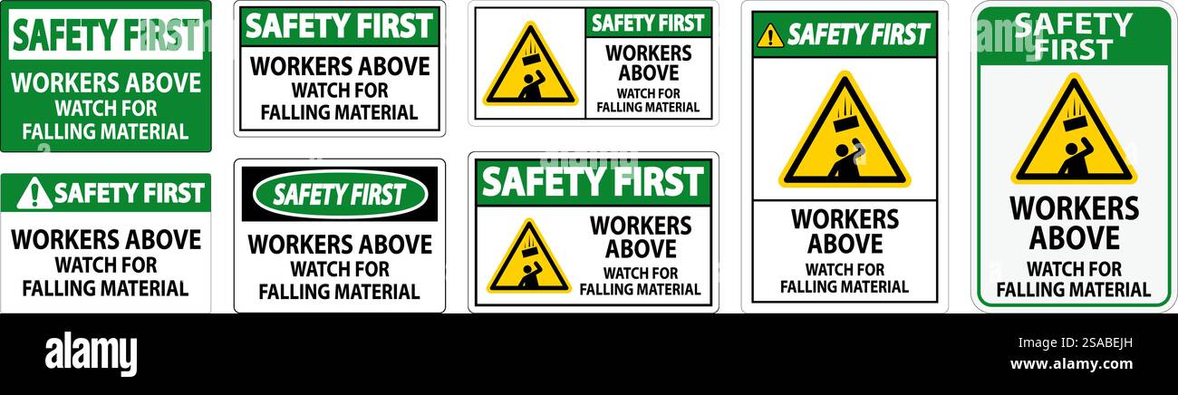 Safety First Sign, Workers Above Watch For Falling Material Stock Vector