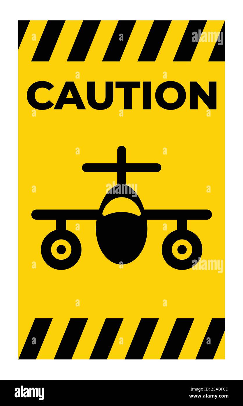 A striking caution sign featuring an airplane icon against a bold yellow background. This design emphasizes safety in aviation and travel-related contexts. Stock Vector